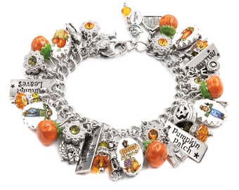 Autumn Bracelet, Colorful Pumpkin Jewelry with Hand Painted Charms