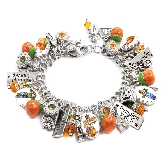 Autumn Bracelet, Colorful Pumpkin Jewelry with Hand Painted Charms