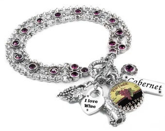 Personalized Silver Wine Bracelet with Engraved Charm, Merlot, Pinot, Cabernet