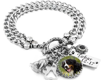 Dog Memorial Bracelet with Optional Cremation Urn for Pet Ashes, Personalized Pet Photo with Engraved Pets Name