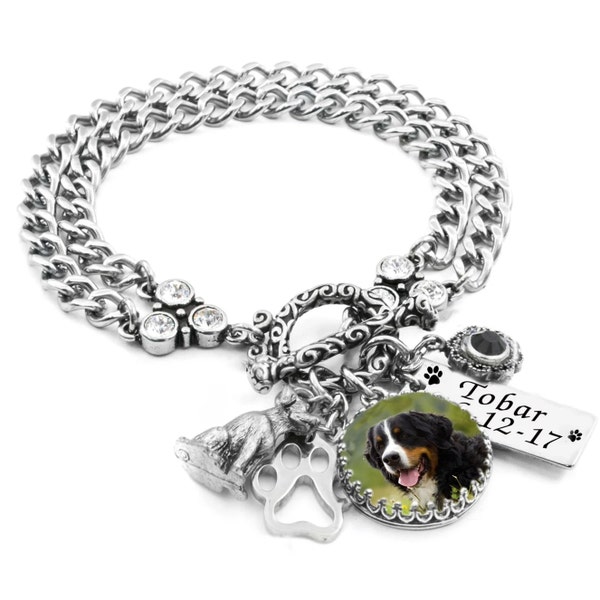 Dog Memorial Bracelet with Optional Cremation Urn for Pet Ashes, Personalized Pet Photo with Engraved Pets Name