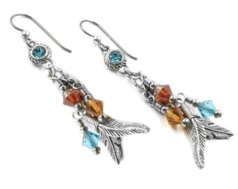 Feather Dangle and Drop Crystal Earrings, Colorful Feather Charms, Gold and Blue