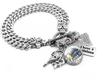 Louisiana Silver Bracelet, State Souvenir Jewelry, Fleur de Lis Charm, NOLA Gift