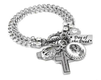 Day of the Dead Bracelet, Silver Sugar Skull Charms, Austrian Crystals