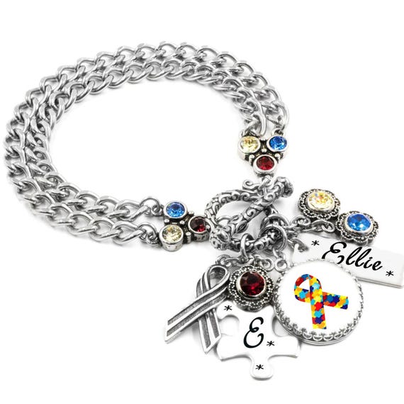 Personalized Autism Bracelet Gift, Awareness Ribbon Jewelry, Puzzle Charm, Custom Engraving
