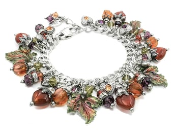 Leaf Bracelet handcrafted with enameled leaves, crystals and carnelian hearts