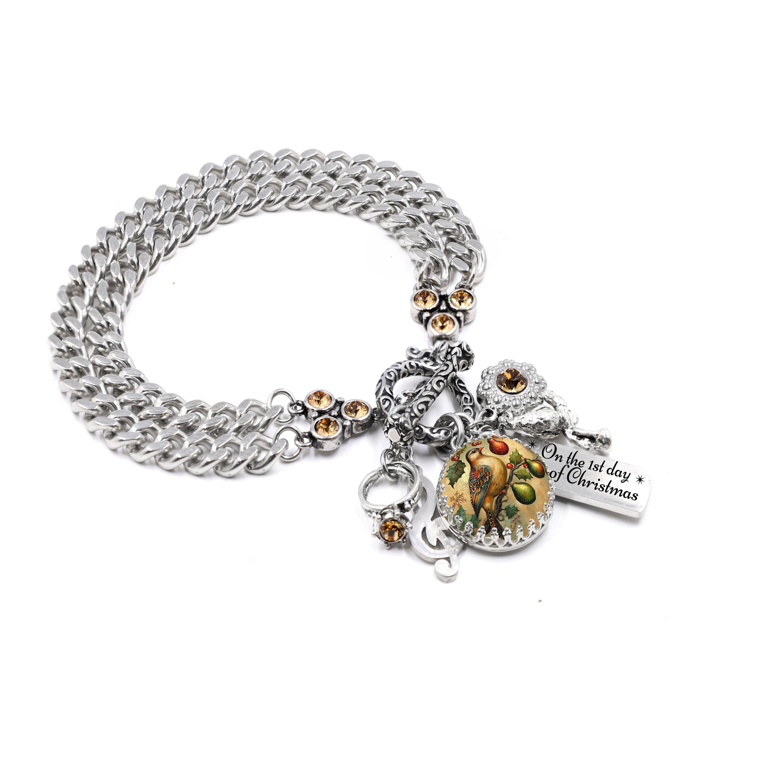 クリスマスキャロル『12日間のクリスマス』モチーフ　シルバーブレスレット Christmas Bracelet, 12 Days of Christmas - Etsy
