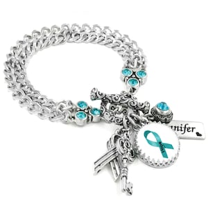 Ovarian Cancer Awareness Bracelet, Teal Ribbon Charm, Personalized Name, Survivor Jewelry in Stainless Steel