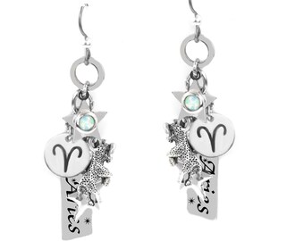 Aries Earrings, Horoscope Star Sign Jewelry, Engraved Charm with choice of Gemstones