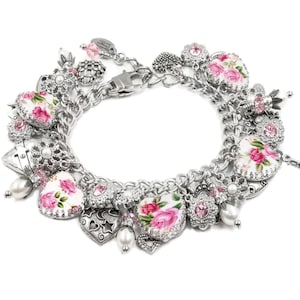Pearl Charm Bracelet, Pink Roses Jewelry with Colorful Heart Charms