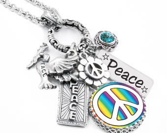 Peace Sign Necklace, Imagine Charm, Flower Pendant, Boho Jewelry Non Tarnish Stainless
