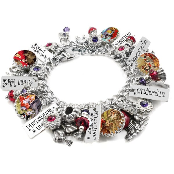 Once Upon a Time Jewelry, Colorful Fairy Tales Charm Bracelet, Alice, Sleeping Beauty, Cinderella