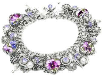 Pansy Flower Bracelet, Colorful Purple Pansies Jewelry with Real Pearls and Heart Charms