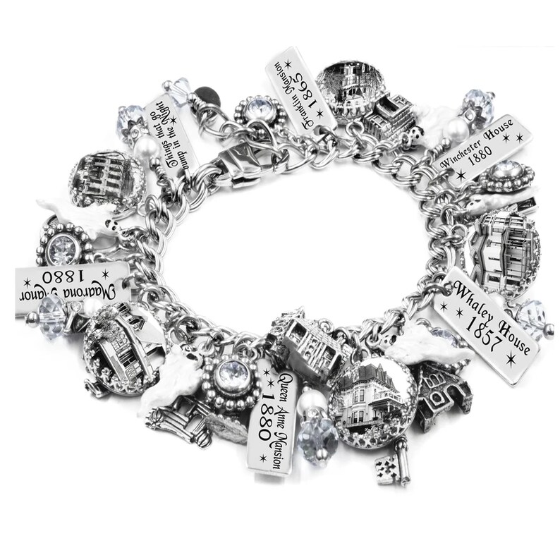Haunted House Charm Bracelet – Ghost Jewelry with Vintage Mansions, Whaley House, Pearls & Crystals – Halloween Gift image 9