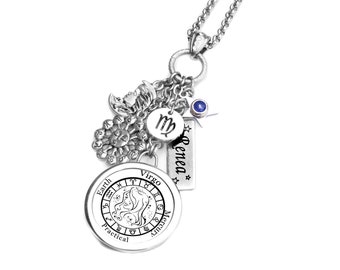 Personalized Virgo Necklace, Horoscope Birthday Jewelry, Engraved Name, Authentic Gemstones