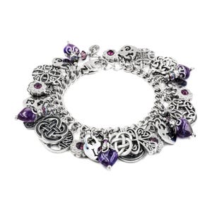 May include: A silver charm bracelet featuring multiple dangling charms, including intricate Celtic knots, heart shapes, and circular floral motifs. The bracelet is accented with deep purple gemstone beads and small clear crystals set in silver metal.