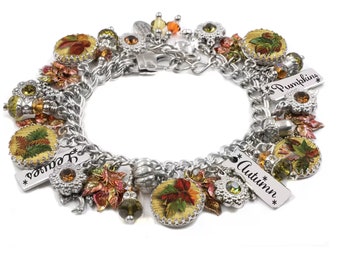 Leaf Charm Bracelet for the Autumn Season with Colorful Pumpkins, Leaves, Pine cones and tons of charms in stainless steel