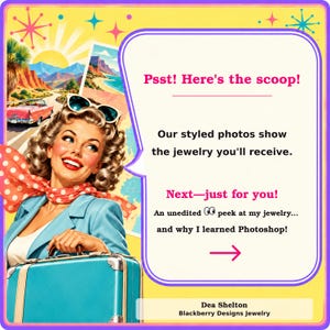 A vintage-style advertisement featuring a smiling woman with curly hair, wearing a blue jacket and holding a suitcase, with a speech bubble containing text.