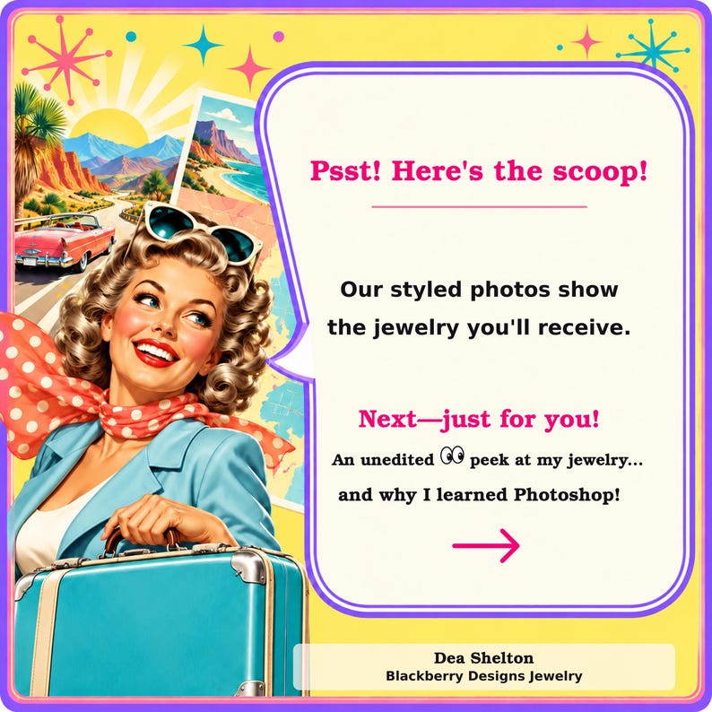 A vintage-style advertisement featuring a smiling woman with curly hair, wearing a blue jacket and holding a suitcase, with a speech bubble containing text.