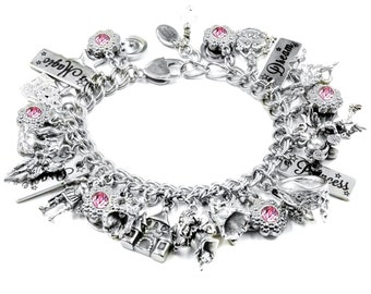 Princess Charm Bracelet, Personalized Birthstone Jewelry, Waterproof in non tarnish stainless steel