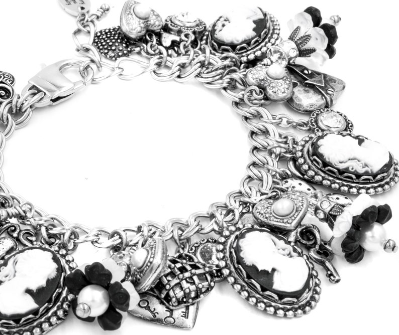 Cameo Silver Jewelry Silver Jewelry Charm Bracelet Flowers and Pearls Black Cameo Charm Bracelet