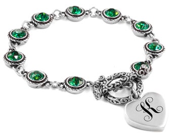 Emerald Monogram Colorful Bracelet, Personalized May Birthday Gift, Plus to Petite Sizing, All Stainless Steel