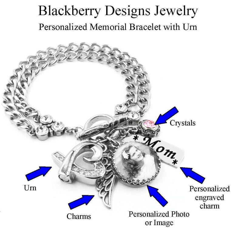Memorial Photo Bracelet for Cremation Ashes includes Heart Urn Engraving and Birthstone image 9