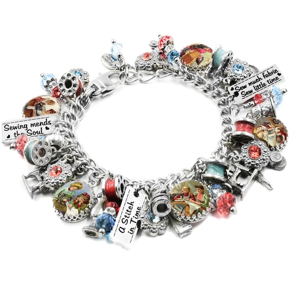 Sewing Jewelry, Colorful Seamstress Jewelry, Sewing Bracelet, Sewing Machine Charms, Seamtress Charms