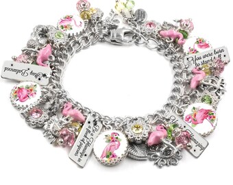 Pink Flamingo Charm Bracelet, Colorful Tropical Bird Jewelry, Nature Lover Gift, Statement and Maximalist Style