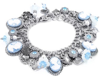 Blue Cameo Charm Bracelet, Pearl Jewelry, Sapphire Crystals, Flower Charms