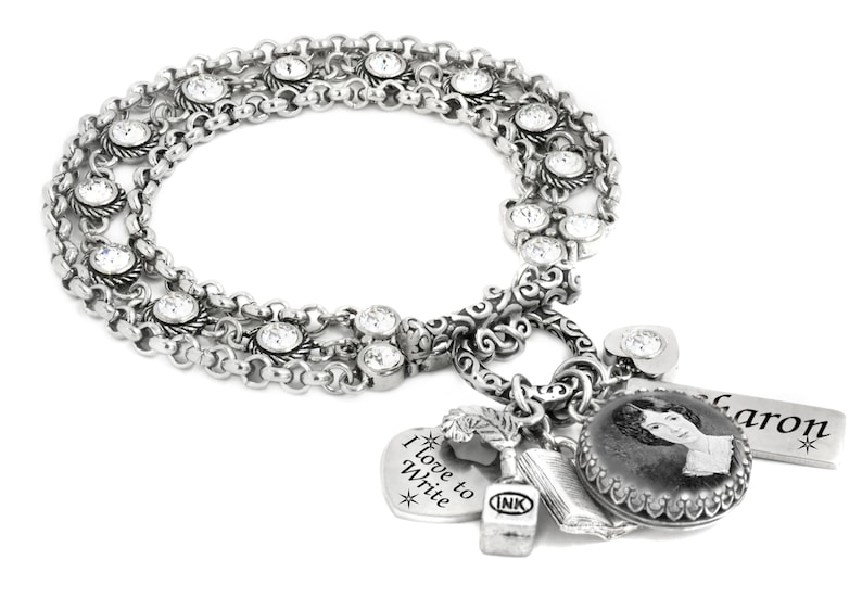 Author Jewelry Literary Charm with Engraved Charms in Stainless Steel Personalized Writer Bracelet