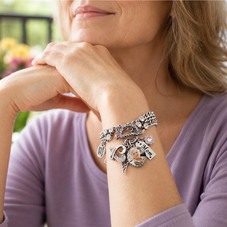Memorial Photo Bracelet for Cremation Ashes includes Heart Urn Engraving and Birthstone image 8