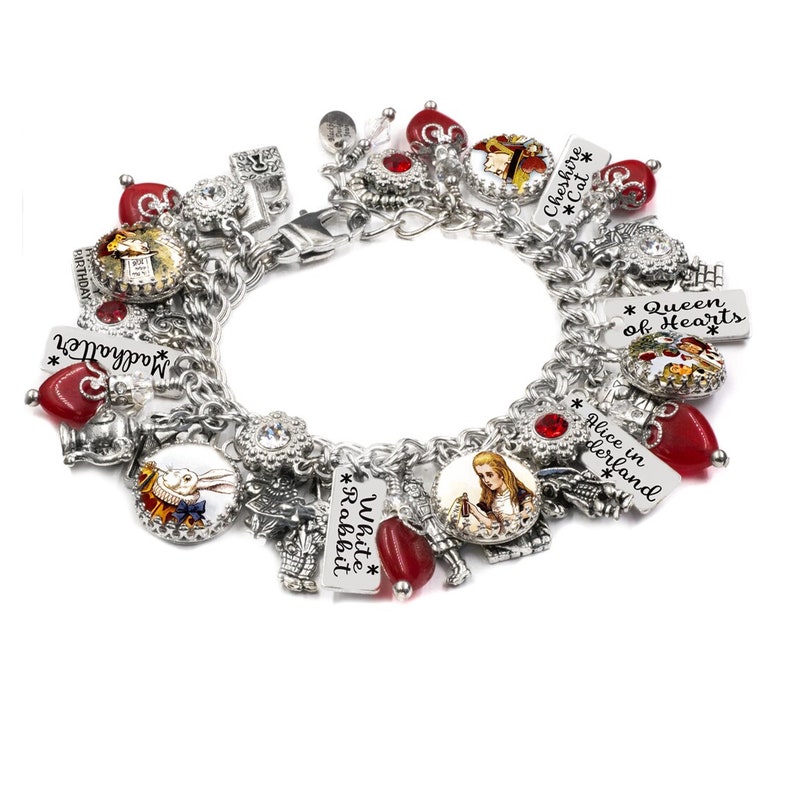 Alice In Wonderland Charm Bracelet, Silver Charm Bracelet, Mad Hatter Jewelry, White Rabbit Charms image 1