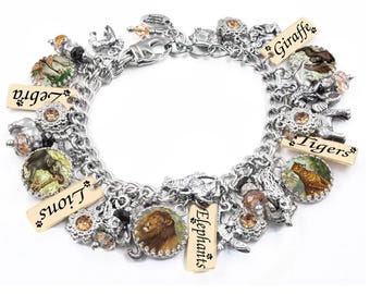 Safari Animal Charm Bracelet, Whimsical Wildlife Jewelry with Crystals, Gift for Nature Lover, Non Tarnish Stainless