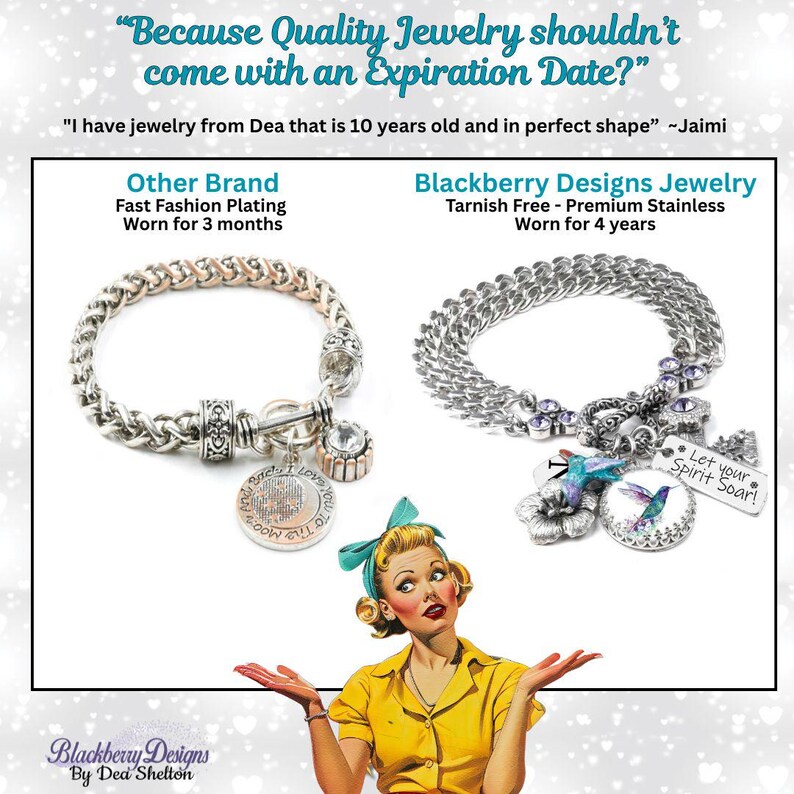 May include: A comparison graphic featuring two silver-toned bracelets. The left bracelet shows signs of wear, while the right bracelet features charms including a hummingbird and a tag reading Let your Spirit Soar. Text includes Because Quality Jewelry shouldn't come with an Expiration Date and Blackberry Designs Jewelry.