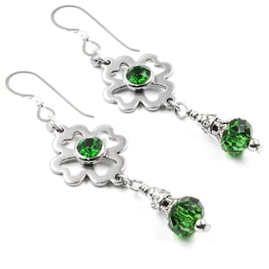 Four Leaf Clover Earrings, Irish and Celtic Dangle with Crystal Shamrocks