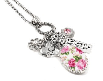 Pink Rose Necklace with Real Pearl Daisy and Heart Charms, Non Tarnish Stainless