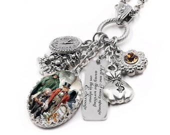 A Christmas Carol Scrooge Necklace in Stainless with Clock, Money Bag and Christmas Tree