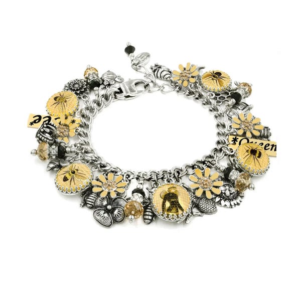 Queen Bee Charm Bracelet, Personalized Colorful Bumblebee Jewelry, Flower Charms