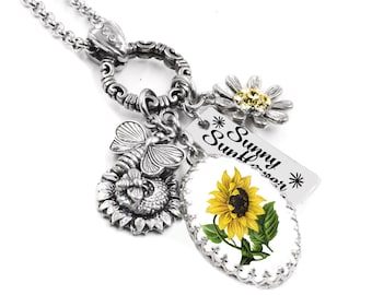 Sunflower Necklace, Bee Charm, Yellow Crystals, Personalized Engraved Charm, Non Tarnish stainless steel, Sterling Silver