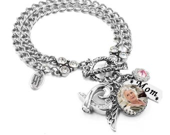 Memorial Photo Bracelet for Cremation Ashes includes Heart Urn Engraving and Birthstone
