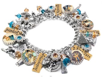 Egyptian Charm Bracelet, Egypt Jewelry, King Tut, Colorful Statement, Maximalist Style in Never Tarnish Silver