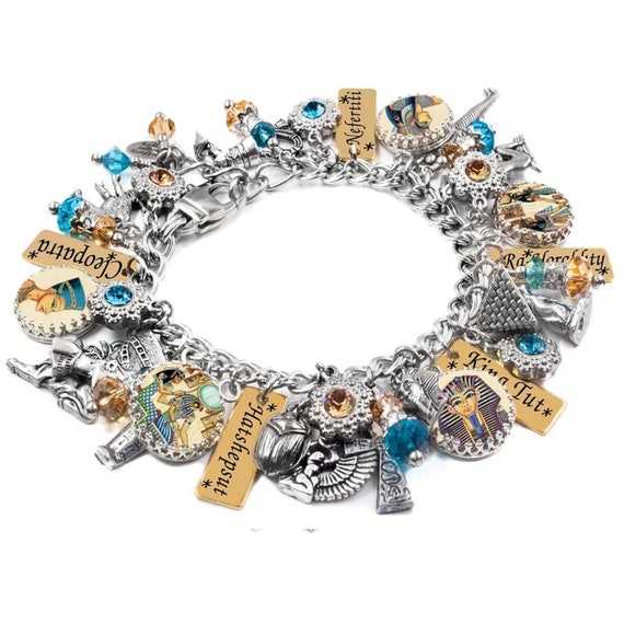 Egyptian Charm Bracelet, King Tut, Nefertiti, Stainless Steel Jewelry