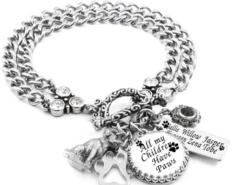 Silver Pet Charm Bracelet, Cat, Dog Jewelry, Engraved Names, Multiple Pets, All My Children Have Paws