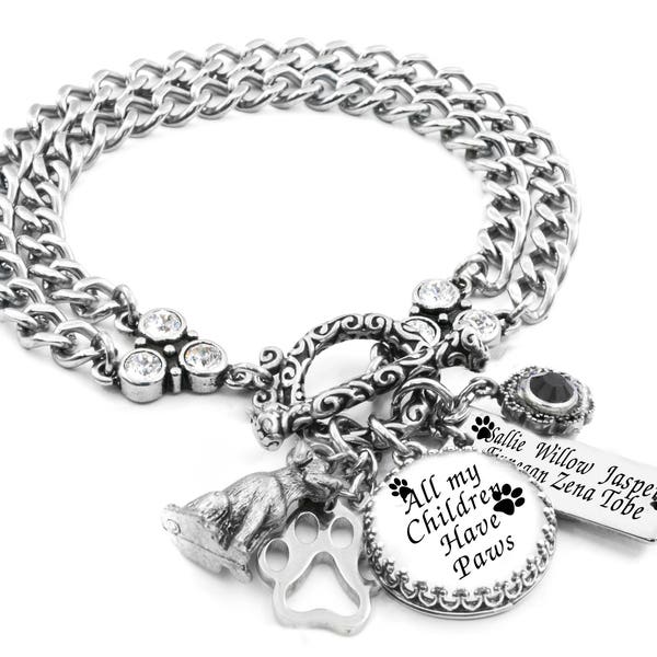 Silver Pet Charm Bracelet, Cat, Dog Jewelry, Engraved Names, Multiple Pets, All My Children Have Paws