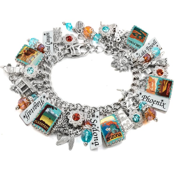 Arizona Bracelet, Colorful USA State Jewelry, Southwest Charms in Non Tarnish Stainless Steel