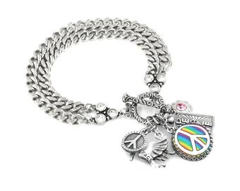 Peace Sign Bracelet with Rainbow Charm Hippie, 1960's