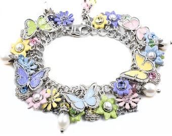 Colorful Butterfly Bracelet, Personalized Flower Jewelry, Real Pearls Painted Butterflies