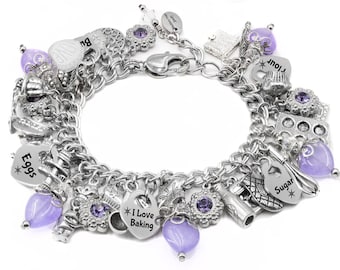 Baking Bracelet, Cupcake Jewelry, Personalized Engraving, Amethyst Gemstones, Waterproof