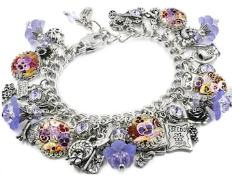 Pansies Charm Bracelet, Birth Flower Bracelet, Garden Jewelry, Gardening Gift